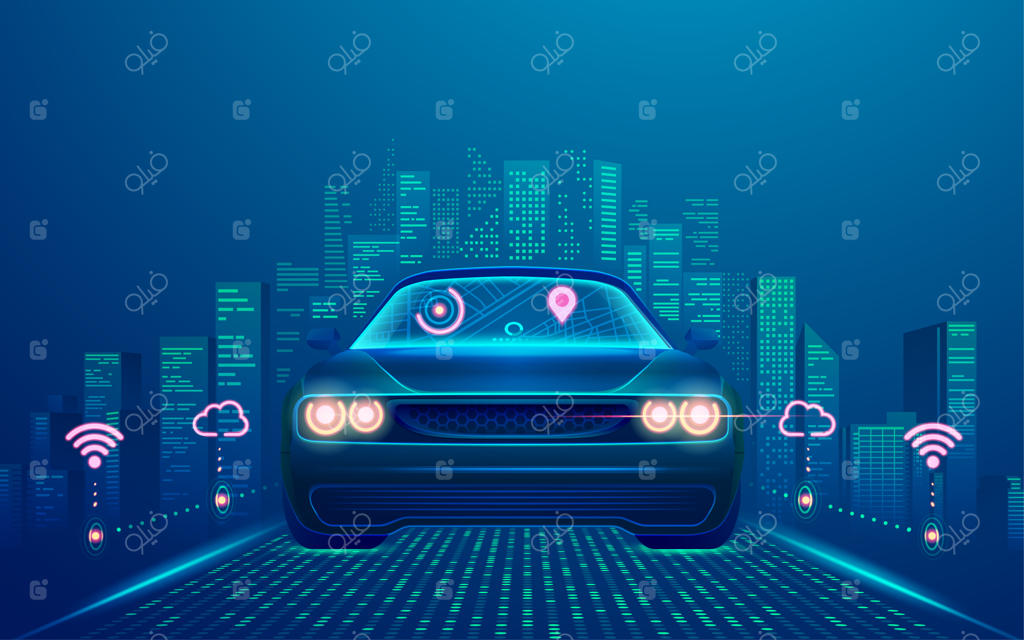 مفهوم خودروهای هوشمند و فناوری وسایل نقلیه خودران، گرافیک ماشین بدون راننده با پس‌زمینه شهر هوشمند