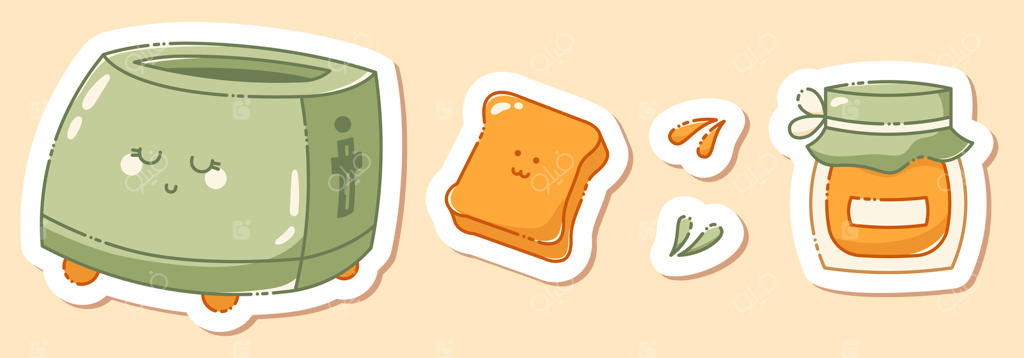 مجموعه‌ای از استیکرهای زیبا با تم قهوه که با رنگ‌های ملایم شامل یک توستر، تکه‌ای نان، مربا و جزئیات کوچک کشیده شده‌اند.