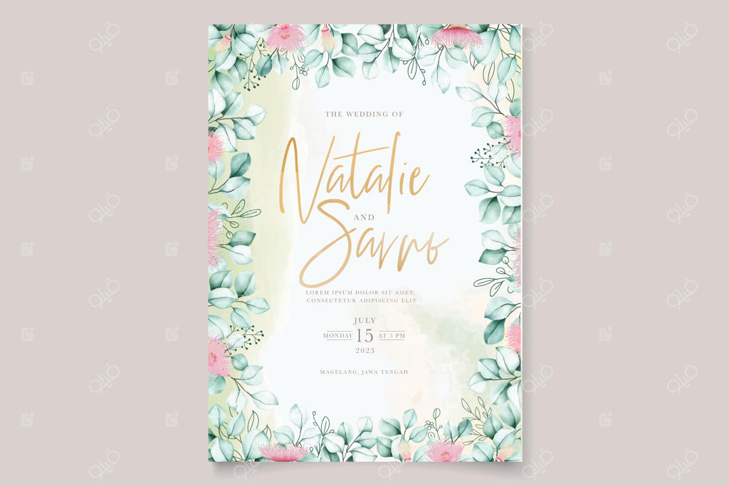 مجموعه کارت دعوت با طراحی دستی برگ‌های اوکالیپتوس