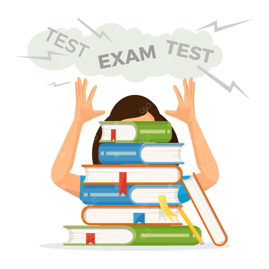 آمادگی دانش‌آموز دختر برای امتحان با تلی از کتاب‌های درسی؛ نشستن پشت کتاب‌های قطور با احساس استرس شدید.