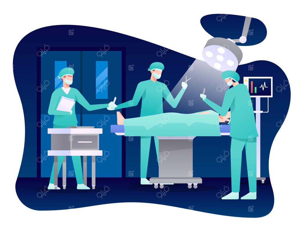 تصویرسازی فرآیند جراحی، پزشک در حال جراحی با کمک پرستار.