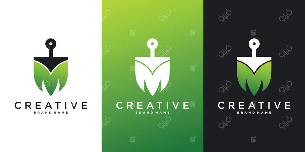 طراحی لوگوی باغبان: نماد بیلچه و حرف M به شکل برگ. لوکس و ویژه