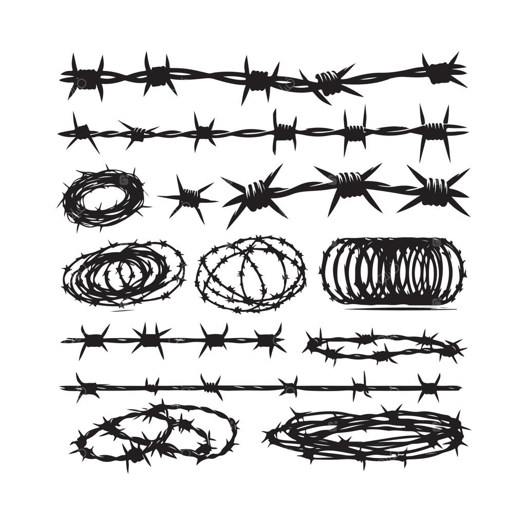 سیم خاردار بر روی پس‌زمینه سفید. سیم تیغ‌دار با سبک هندسی مدرن. مجموعه‌ای از حصارهای زندان. طرح مناسب برای طراحی وب.