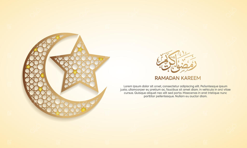 بنر رمضان کریم با طرح هندسی هلال ماه روی پس‌زمینه‌ای روشن