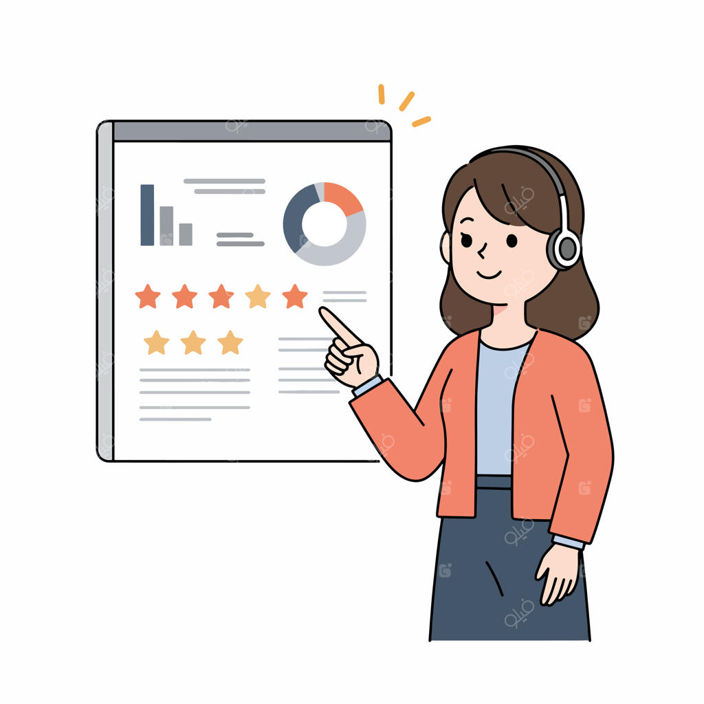 زنی با هدست که به ارائه‌ای با نمودارها و امتیازدهی ستاره‌ای اشاره می‌کند.