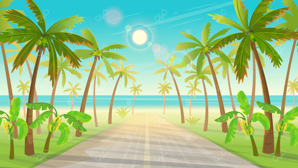 جاده‌ای بر فراز جزیره گرمسیری با درختان نخل به سوی اقیانوس.