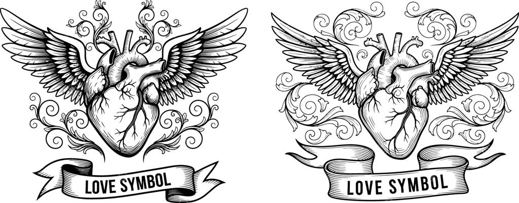 قلب آناتومیکال با جزئیات و بال‌ها و روبان با نماد عشق، هنر تزئینی
