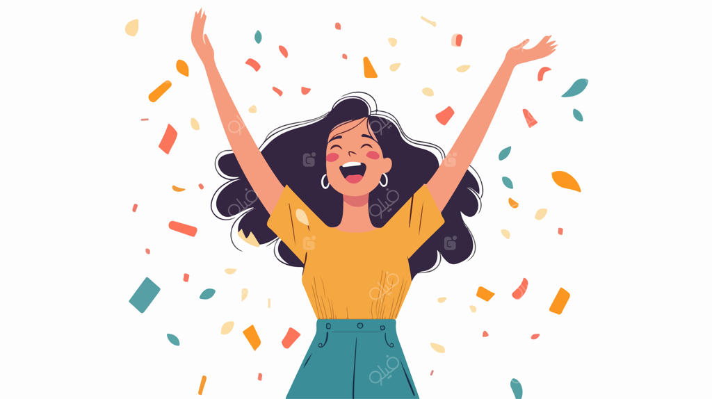تصویرسازی وکتور فلت زن شاد در حال لذت بردن از زندگی، ایزوله روی پس‌زمینه سفید