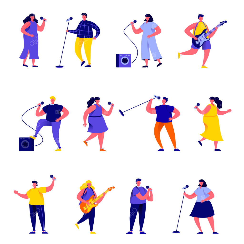 گروه خوانندگان و نوازندگان با میکروفون و شخصیت‌های موسیقیدان