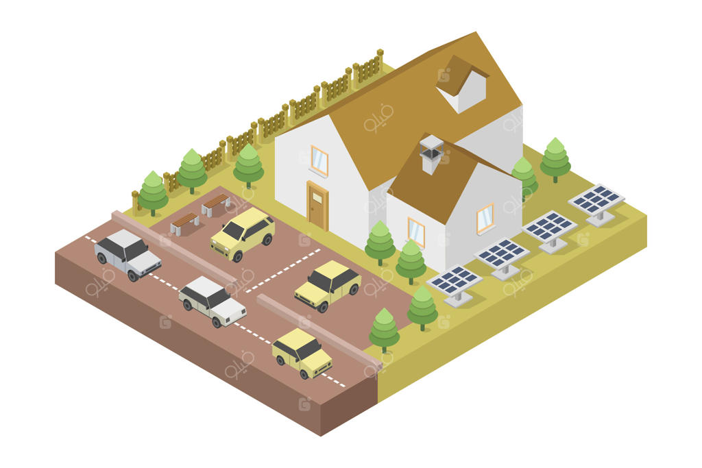 خانه مدرن با پنل خورشیدی، به‌صورت ایزومتریک بر روی پس‌زمینه سفید نمایش داده شده است