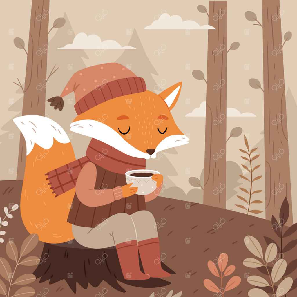 روباه بامزه‌ای با لباس‌های گرم در حال نوشیدن چای، قهوه یا کاکائو در دل یک جنگل پاییزی. فصل پاییز. تصویرسازی.