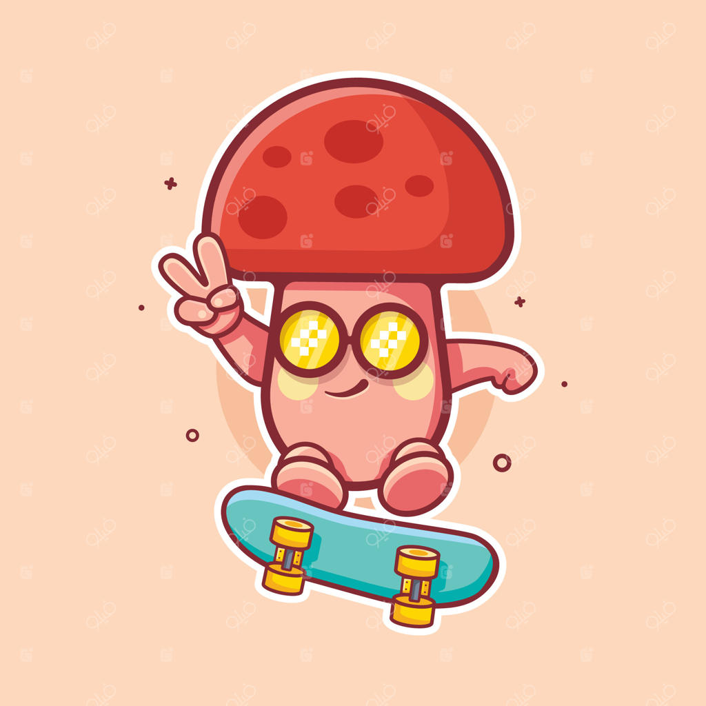 کاراکتر مسکات قارچ باحال در حال اسکیت‌سواری، طرح کارتونی ایزوله با سبک فلت