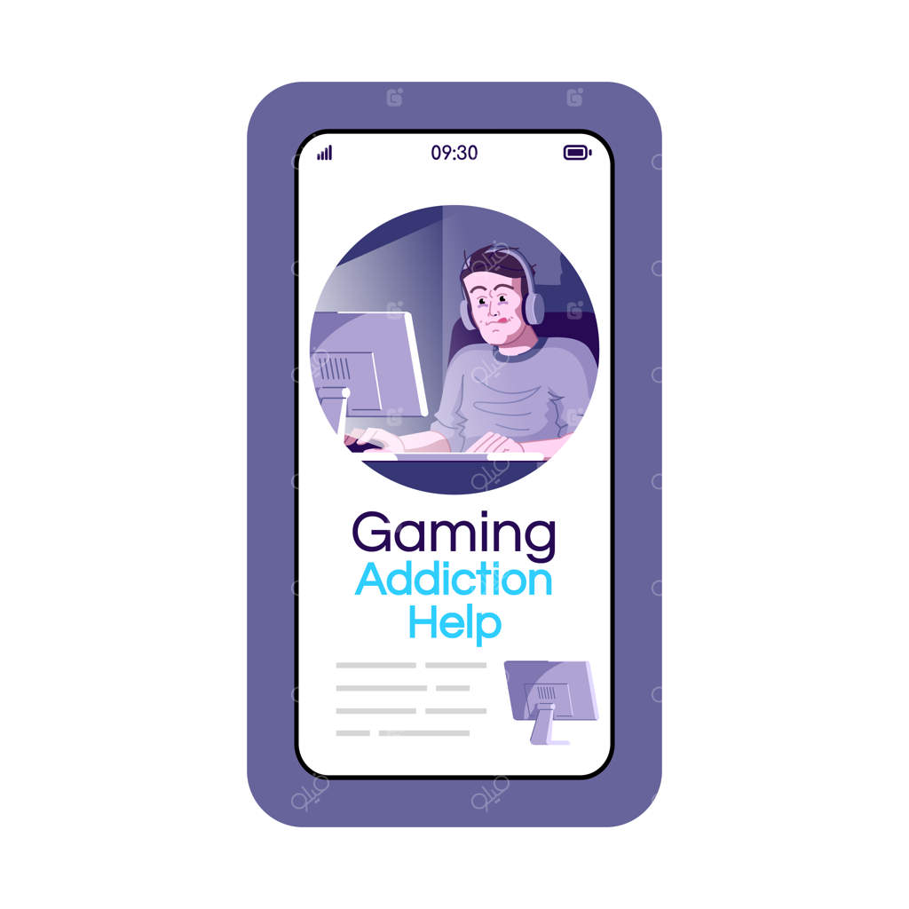اپلیکیشن کمک به اعتیاد به بازی ویدیویی: نمایشگر تلفن همراه با طراحی شخصیت کارتونی. برنامه درمان اعتیاد به بازی‌های ویدیویی.