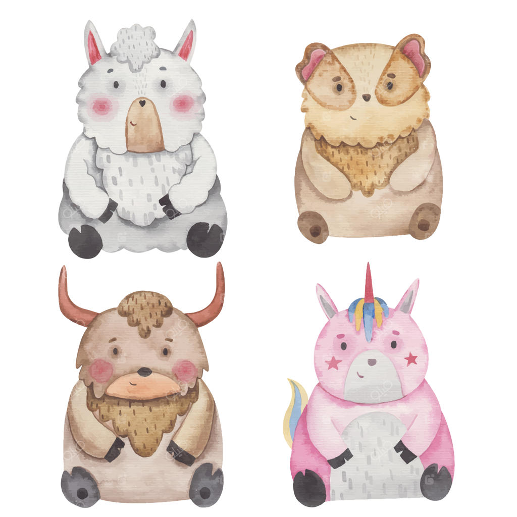 تصویرسازی آبرنگی خوکچه هندی، یاک، تک‌شاخ و آلپاکا