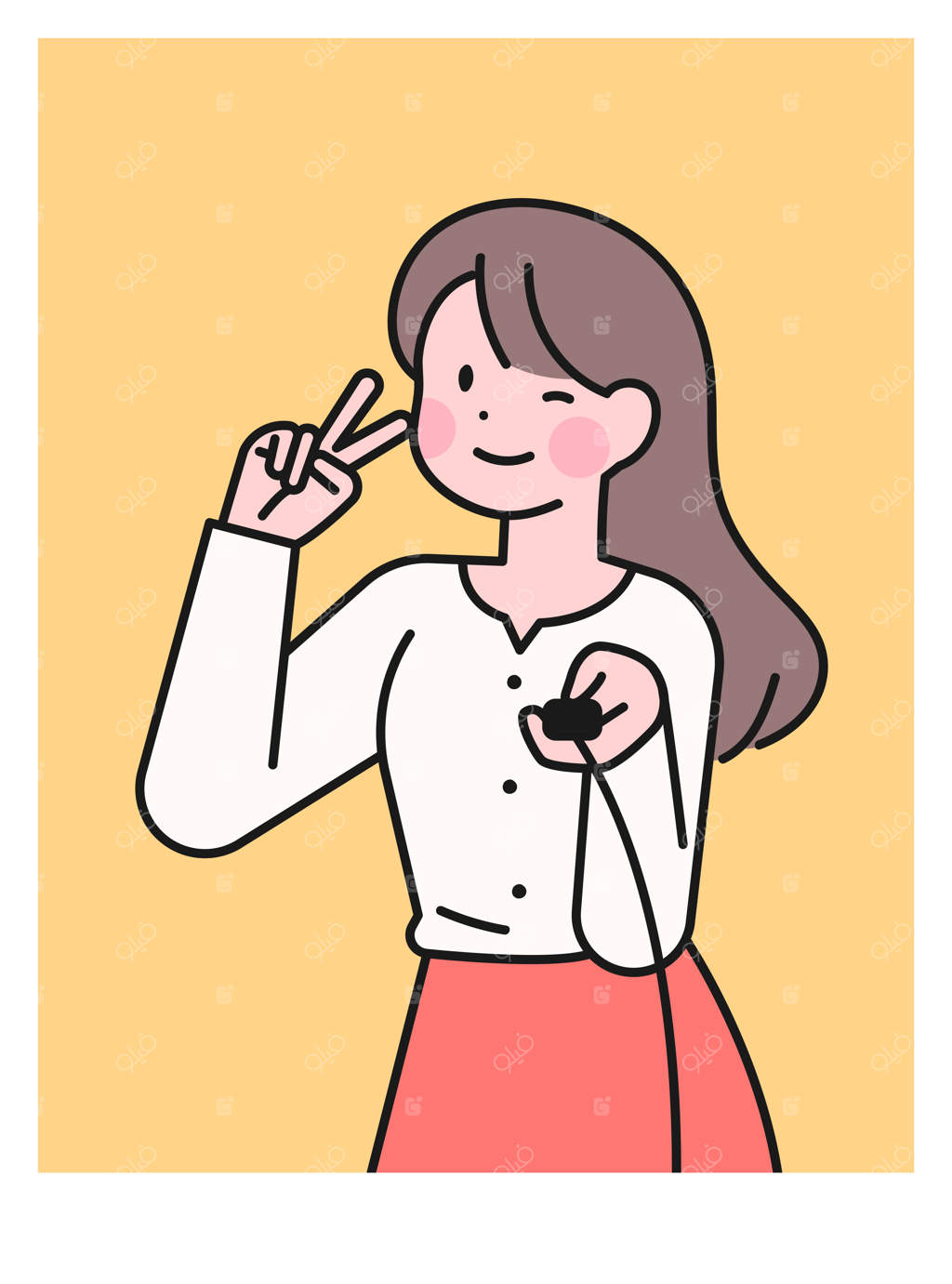 خانمی در حال سلفی گرفتن با دوربین و ژست V با انگشتان دست خود