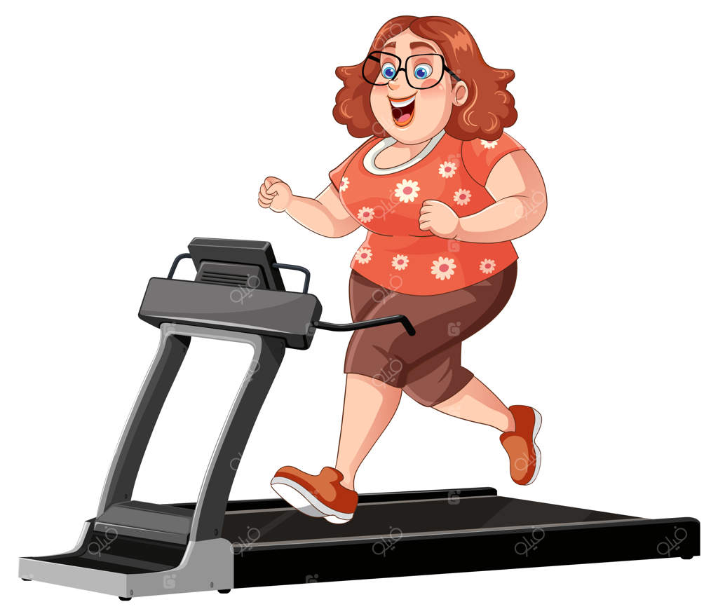 زن میانسال تپل در حال دویدن روی تردمیل