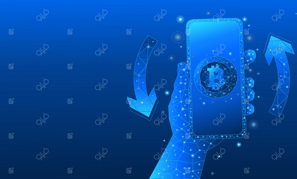 گرفتن گوشی هوشمند با ارز دیجیتال و فلش‌های دایره‌ای بازگشت نقدی بیت‌کوین