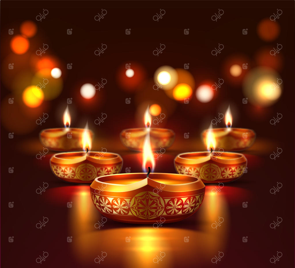 پوستر جشن دیوالی با شمع‌های دیای درخشان و واقع‌گرایانه؛ جشنواره سنتی و مذهبی هندوها، فستیوال معنوی هند و قالب پوستر تبلیغاتی