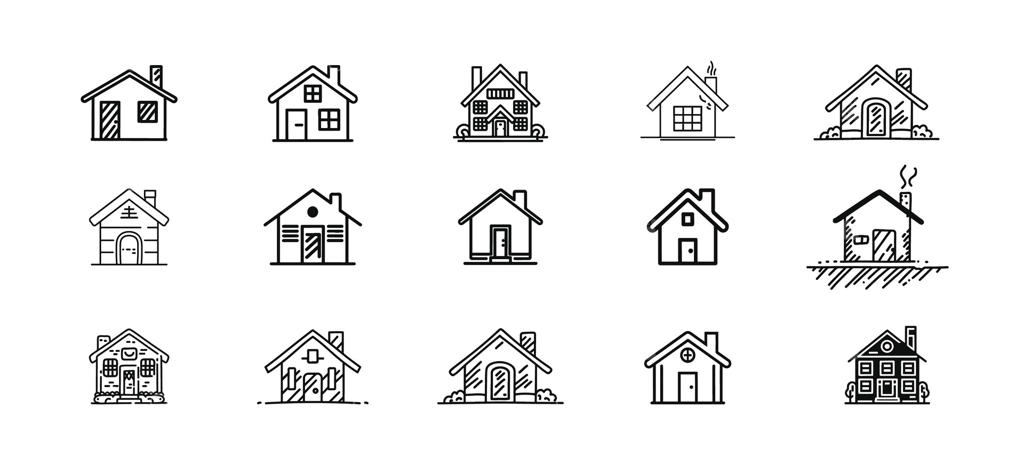 مجموعه آیکون خانه با سبک خطی و پس‌زمینه سفید