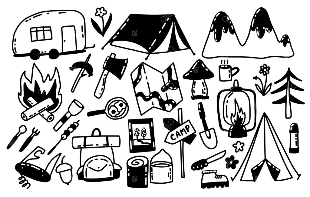 مجموعه طرح‌های دستی کمپینگ و کوهنوردی شامل نقشه، ماشین، آتش، کوله‌پشتی، چادر، جنگل و کوهستان