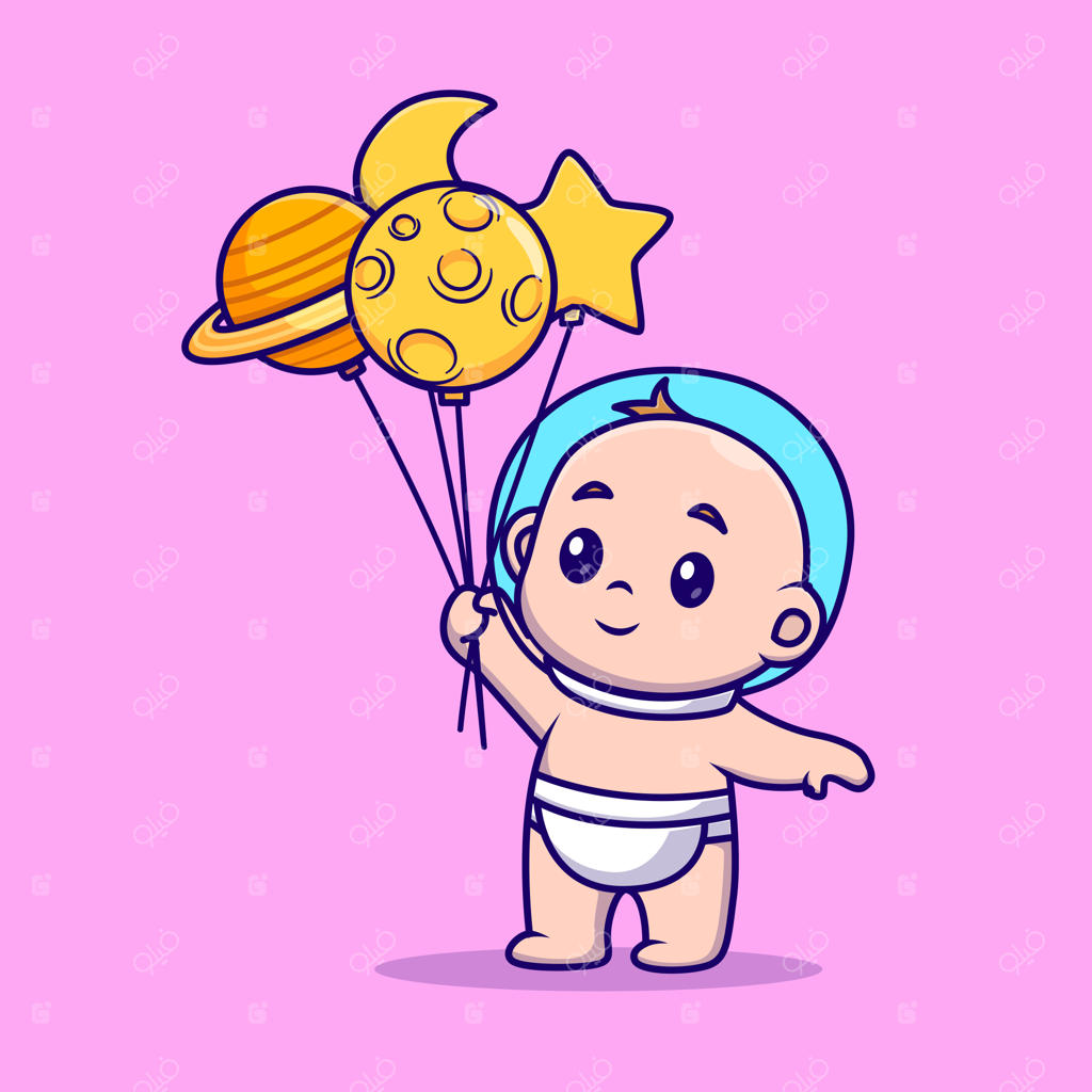 آیکون وکتور کارتونی فضانورد بچه بامزه با بادکنک سیاره. طبیعت و انسان در ایزوله