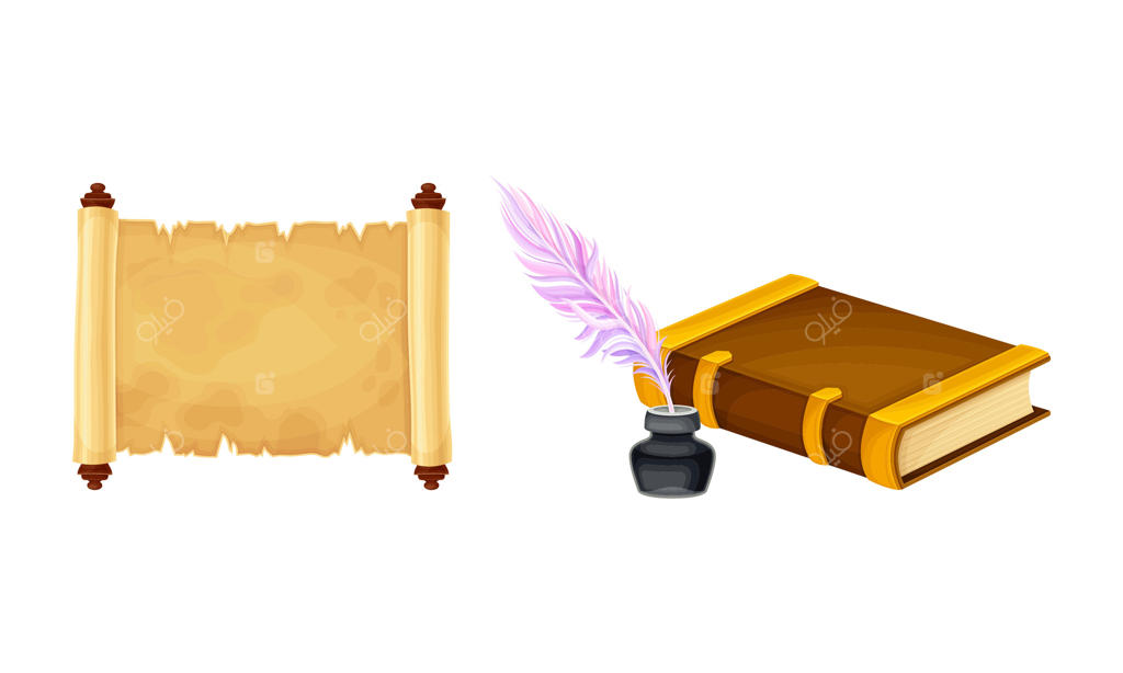 تصویر کاغذ کهنه پارچه‌ایی، کتاب باز، قلم پر و دوات墨