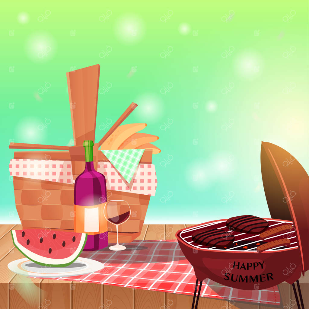 سبد پیک‌نیک روی میز و چشم‌انداز بهاری