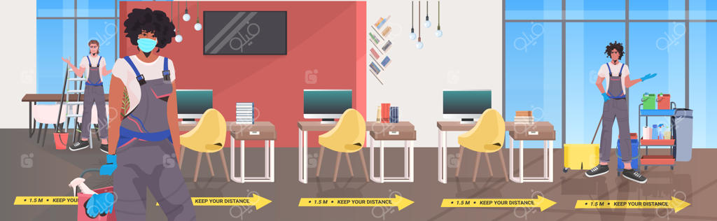 تیم نظافت حرفه‌ای در حال تمیز کردن و ضدعفونی کردن کف برای جلوگیری از ویروس کرونا