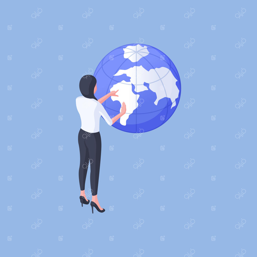 تصویر وکتور ایزومتریک از زنی مدرن در حال بررسی کره زمین و انتخاب مقصد برای تعطیلات روی پس‌زمینه آبی روشن