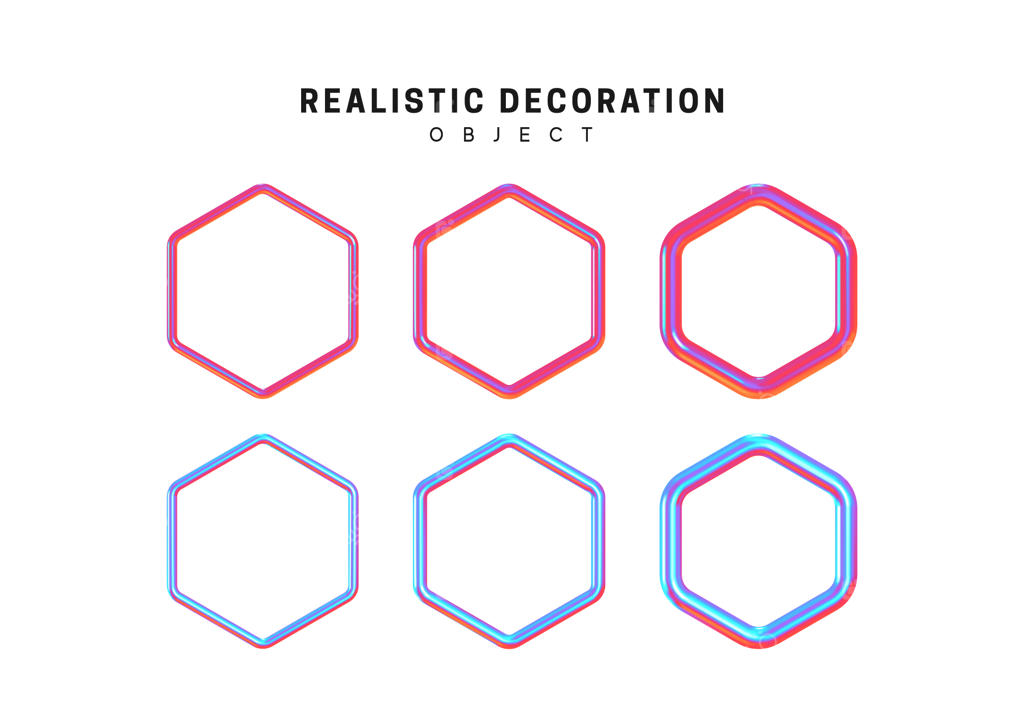 مجموعه اشکال هندسی شش‌ضلعی سه‌بعدی با گرادینت صورتی و آبی، عنصر طراحی تزئینی ایزوله در پس‌زمینه سفید، تصویرسازی وکتور واقع‌گرایانه