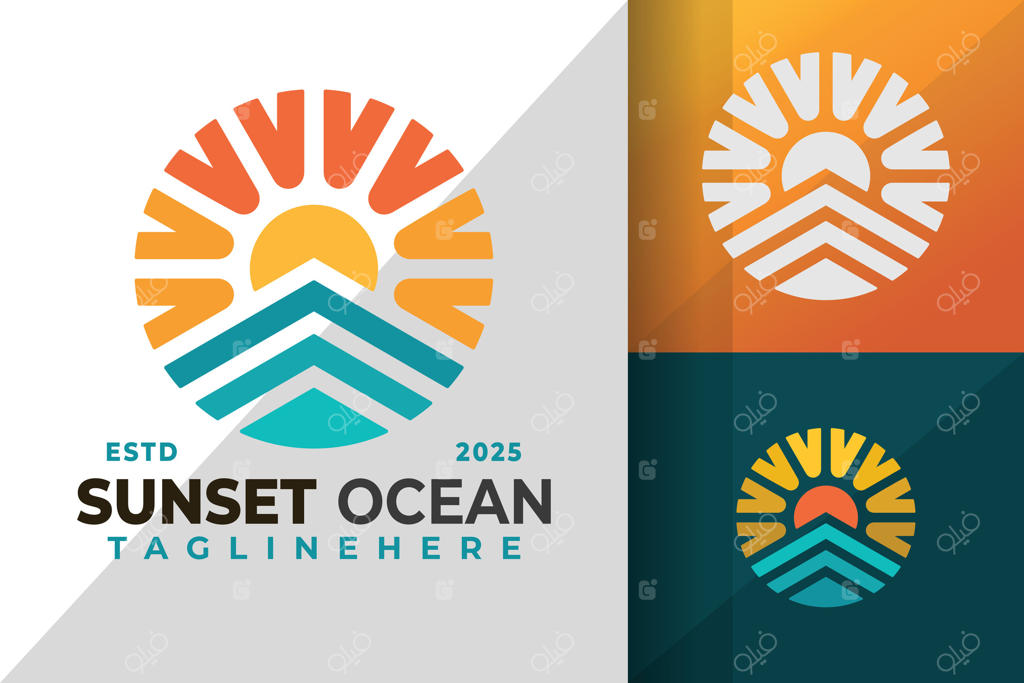 طراحی وکتور لوگوی دایره‌ای اقیانوس در غروب آفتاب