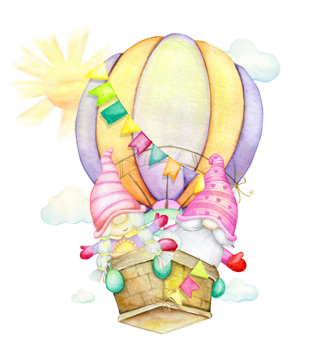 کوتوله‌های بامزه در بادکنک نزدیک خورشید و ابرها - تصویرسازی