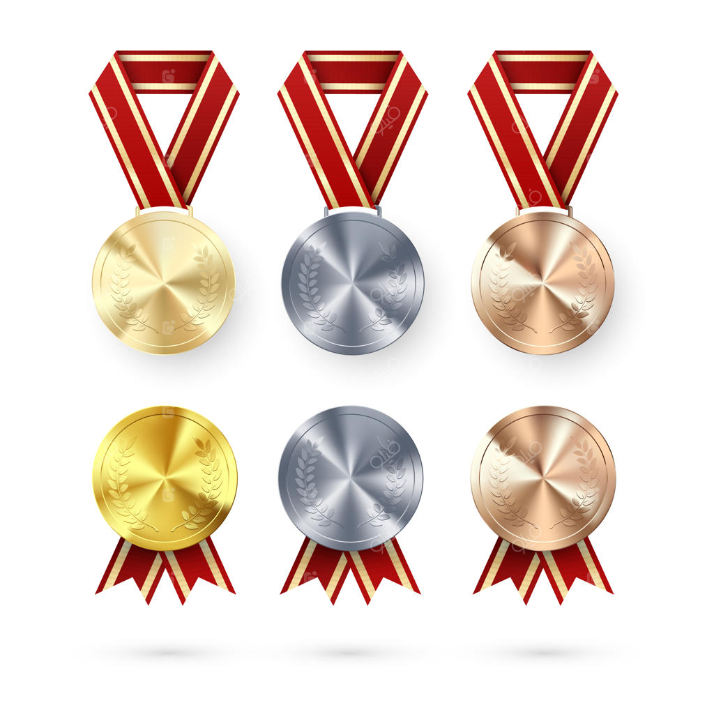 مجموعه جوایز: مدال‌های طلا، نقره و برنز با برگ های زیتون و روبان قرمز. نماد پیروزی و موفقیت. تصویر سازی