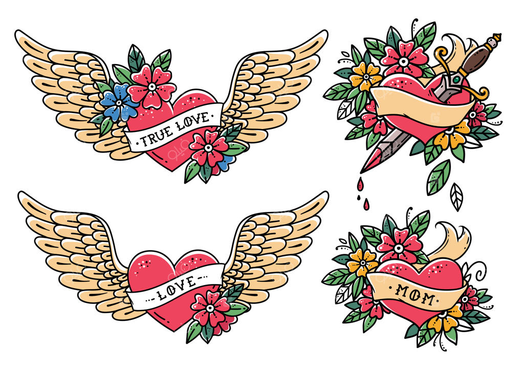 مجموعه‌ای از طرح‌های تتوی قلب با سبک قدیمی: قلب با روبان، گل‌ها و کلماتی مانند مامان، عشق، عشق واقعی. تتوی قلب بالدار با گل‌ها. قلب با خنجر. تتوی کلاسیک و نوستالژیک.