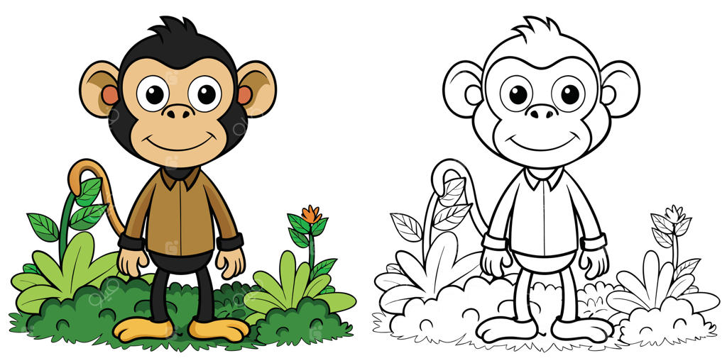 صفحه رنگ آمیزی کارتون میمون خنده‌دار در باغ برای کودکان