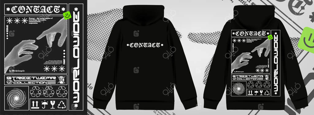 پوستر مدرن با لمس دو دست و نوشته "تماس" به سبک تکنو مناسب برای لباس‌های خیابانی