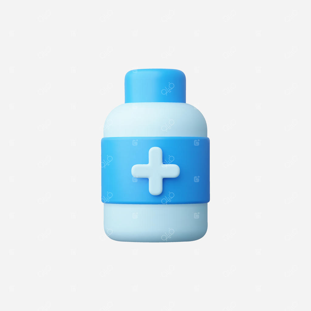 تصویر سه‌بعدی از یک بطری پزشکی با رنگ آبی روشن و صلیب سفید
