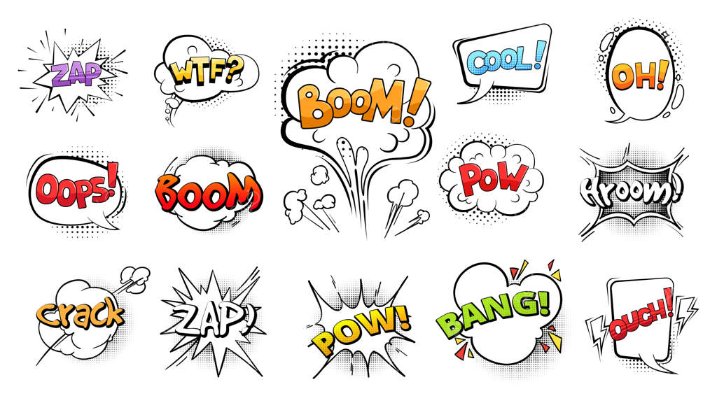 مجموعه حباب‌های گفتار کمیک: ابرهای متن و انفجار کارتونی وکتور