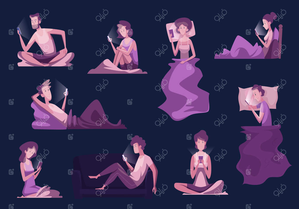 شخصیت‌هایی با گوشی هوشمند در شب: افرادی که در تاریکی از گجت‌ها استفاده می‌کنند، صفحه نمایش روشن و حالت‌های آرامش‌بخش، تصویرسازی برداری کارتونی دقیق