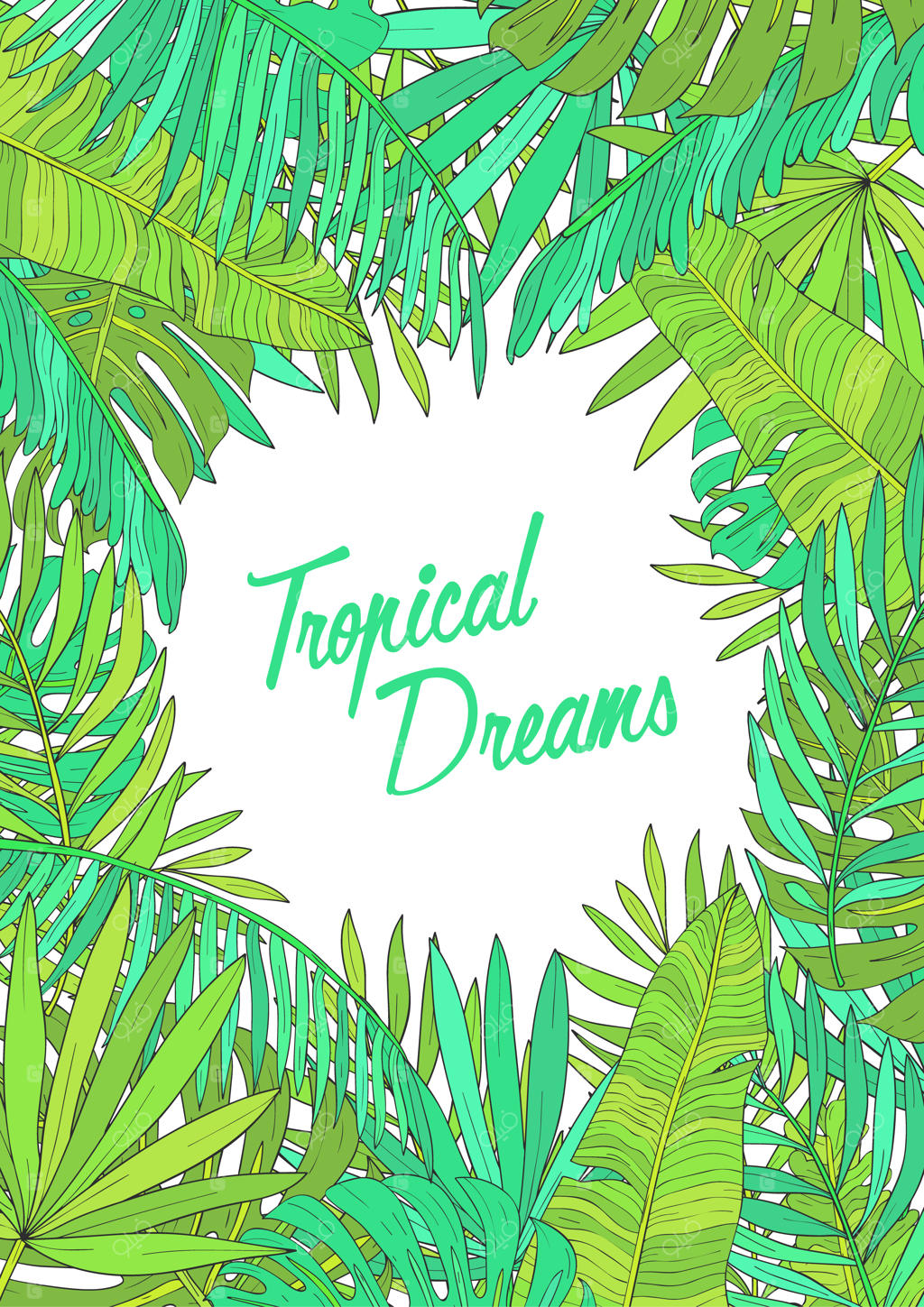 پس‌زمینه تابستانی با برگ‌های استوایی، شاخ و برگ‌های مونسترا، شامادورا، موز و سایر نخل‌ها.