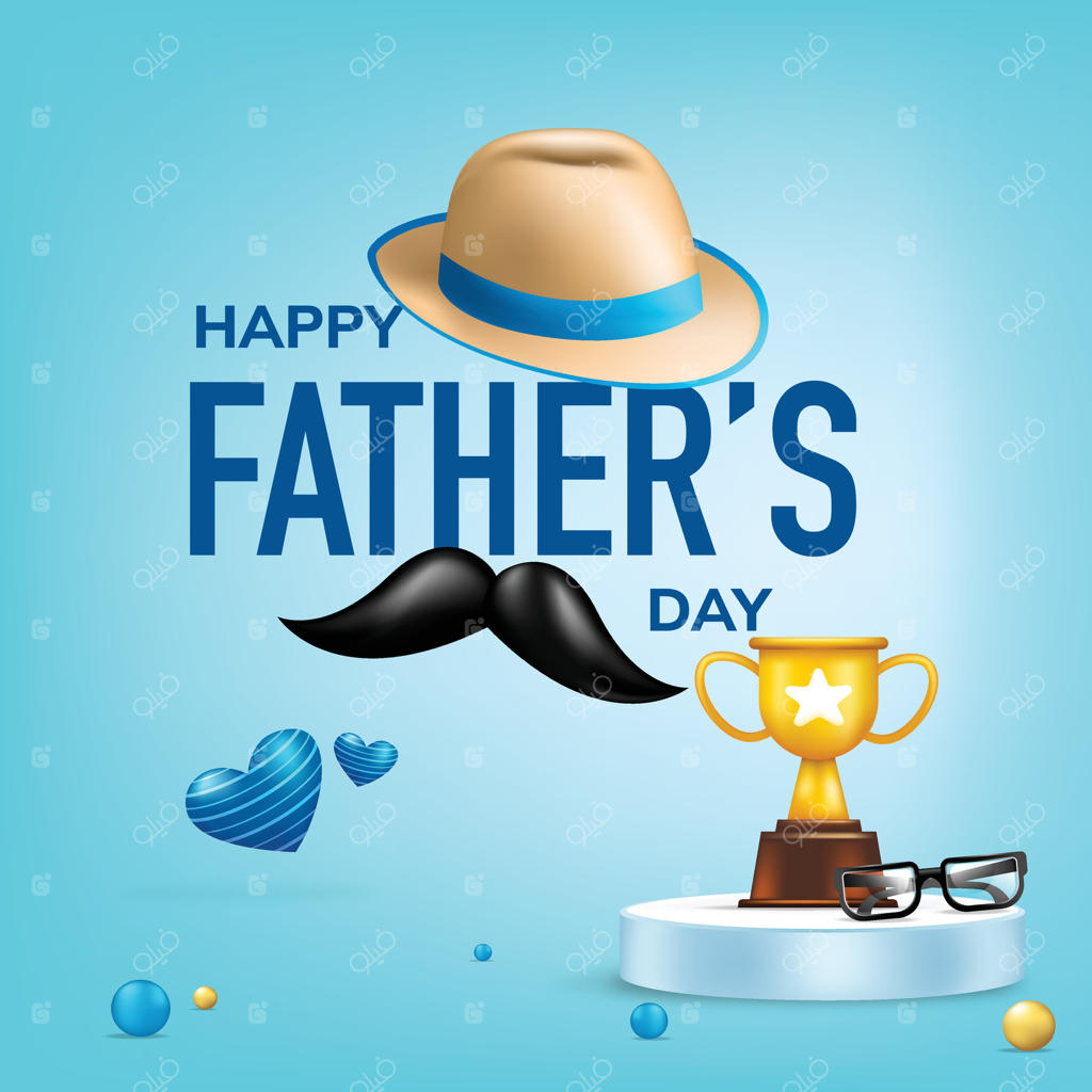 تصویر روز پدر مبارک با کلاه، سبیل، جایزه، عینک و قلب آبی روی پس‌زمینه روشن