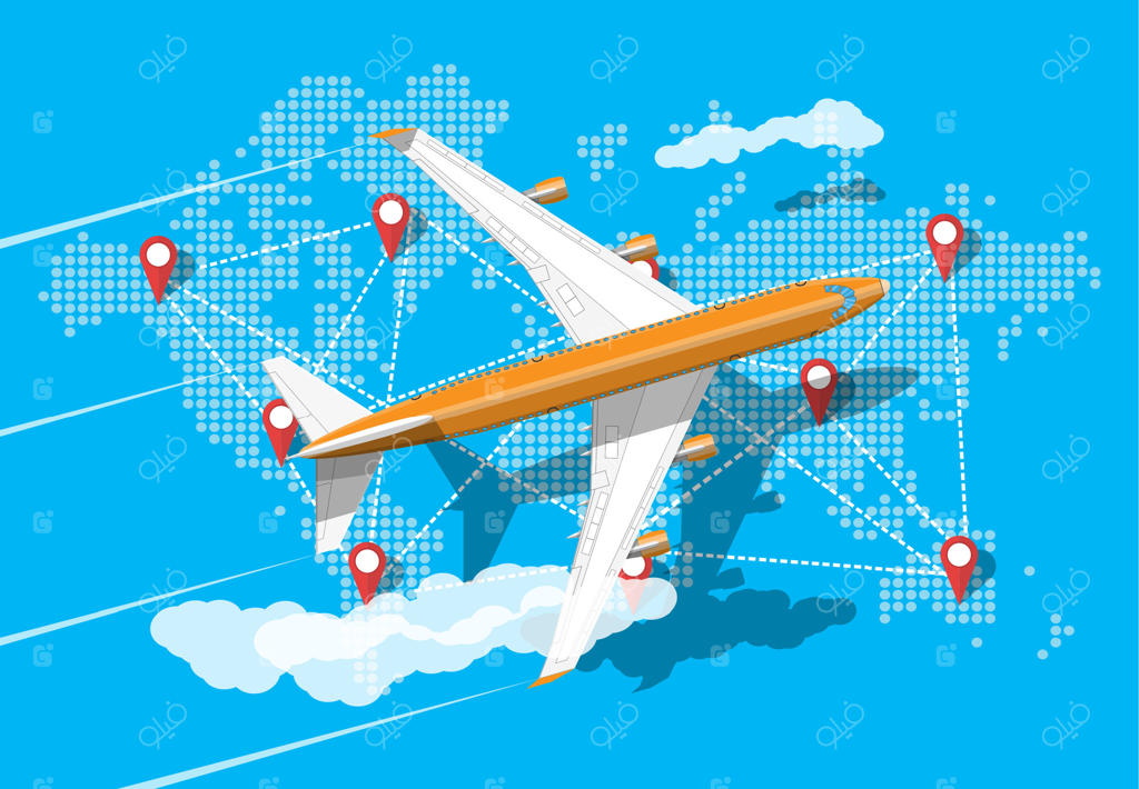 نمای بالا از هواپیما. جت مسافربری یا تجاری. نقشه جهان به صورت نقطه‌ای. کارتوگرافی و جغرافیا. سبک هواپیما. سفر یا تعطیلات، سفر کاری. تصویرسازی وکتوری.