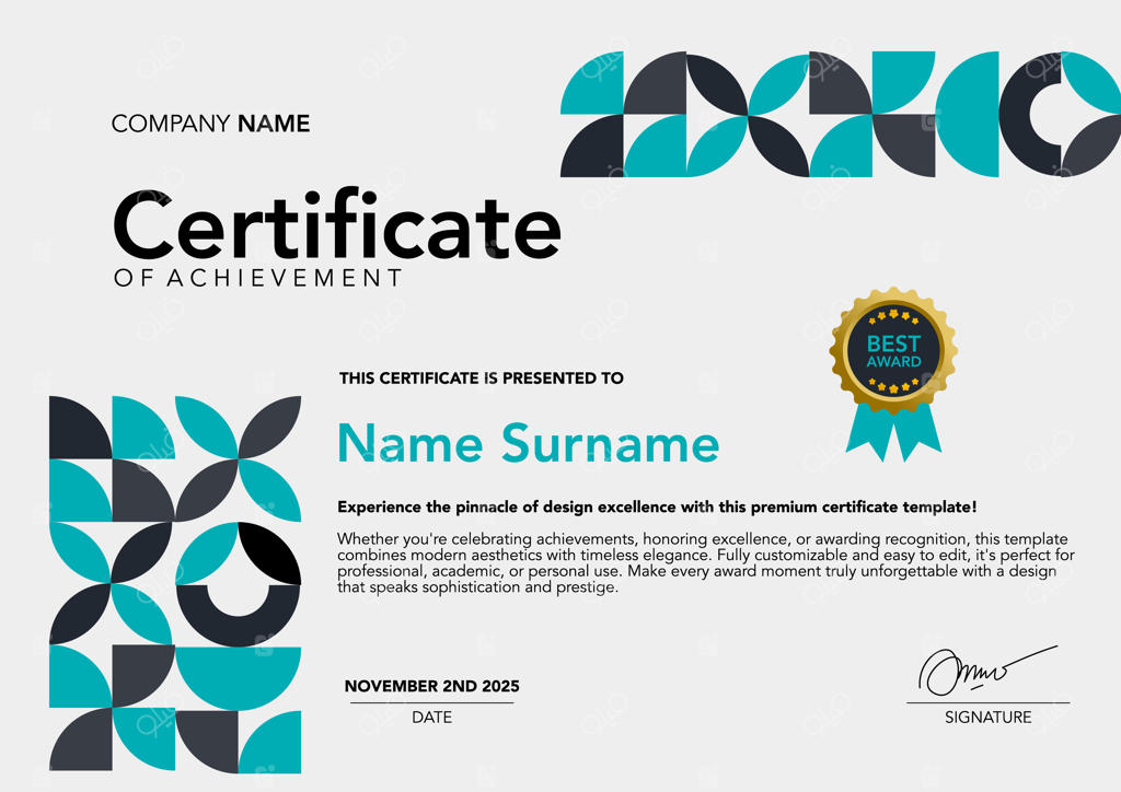 قالب گواهینامه با طراحی انتزاعی به رنگ های آبی و خاکستری
