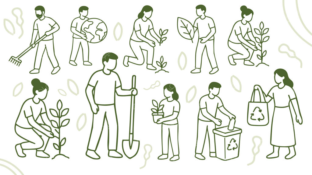 مردم با هم درخت می‌کارند، بازیافت می‌کنند و از محیط‌زیست مراقبت می‌کنند