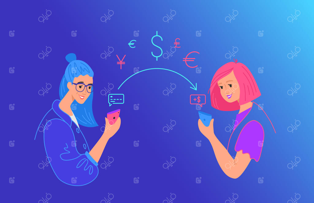 ارسال پول: تصویر نئون وکتور با طراحی وب و موبایل. زنی در حال ارسال پول از کارت اعتباری با استفاده از گوشی هوشمند به کیف پول دیجیتال دوستش از طریق اپلیکیشن. نوجوانانی با نمادهای مالی.