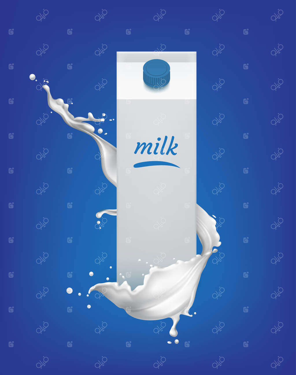 بسته‌بندی تتراپک شیر در پس‌زمینه‌ای آبی با پاشش سفید. قالب پوستر تبلیغاتی محصولات لبنی