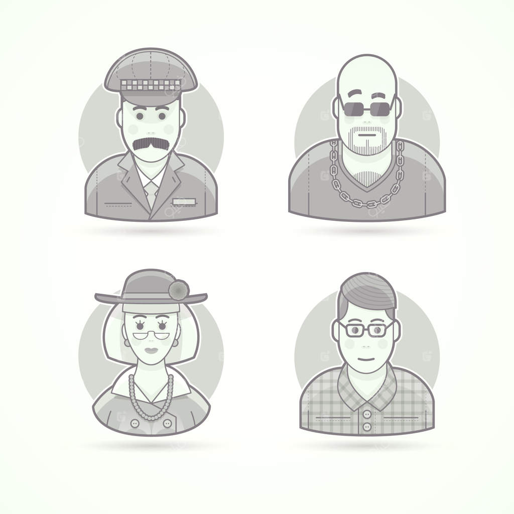 راننده تاکسی، نگهبان کلوب شبانه، خانم مسن شیک، نرد، پسر جوان باهوش. مجموعه‌ای از شخصیت‌ها، آواتارها و طرح‌های انسان. سبک سیاه و سفید خطی.