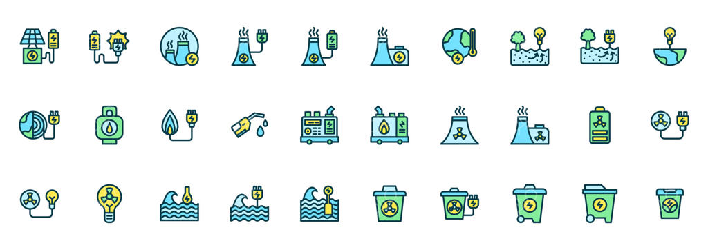 مجموعه آیکون انرژی‌های تجدیدپذیر و صنعت نیرو شامل انرژی خورشیدی، نیروگاه هسته‌ای، صنعت نیروگاهی، انرژی امواج، انرژی زمین‌گرمایی و ژنراتور برق قابل حمل. آیکون‌های رنگی به صورت خطی.