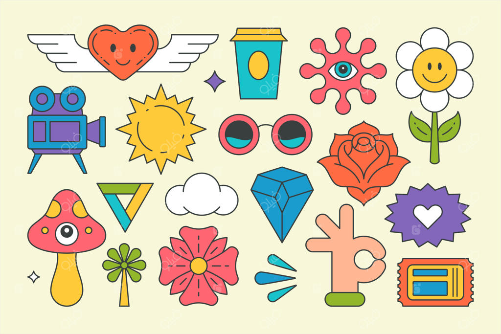 مجموعه‌ای از عناصر گرافیکی دکوراتیو پاپ آرت به سبک جذاب برای طراحی چاپ تیشرت - وکتور کارتونی