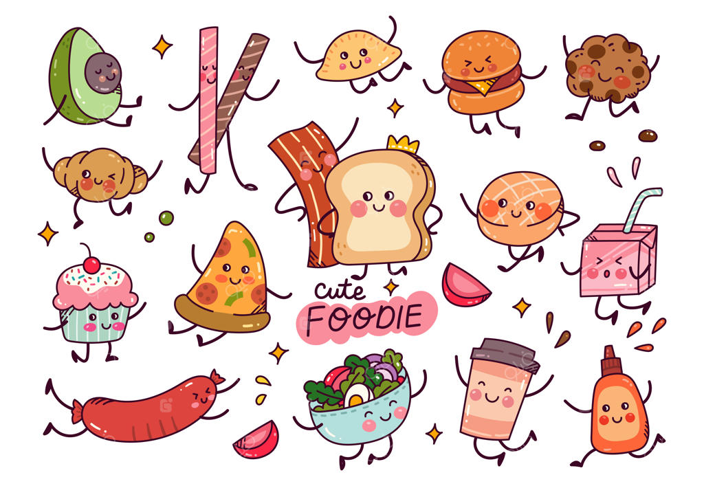 عناصر وکتور غذایی با طراحی دست در سبک کاوایی